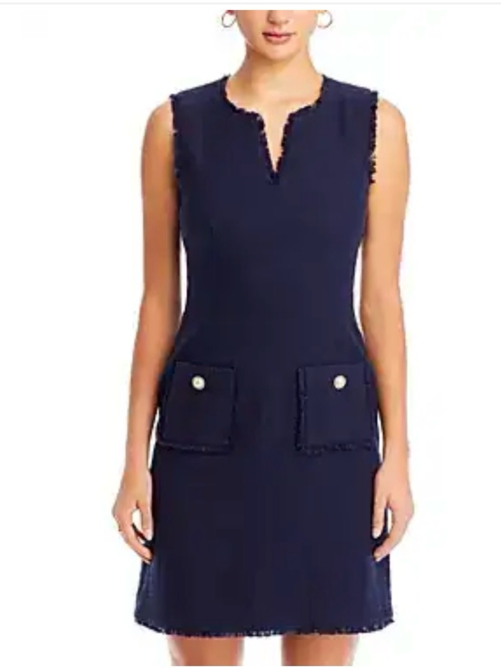 Karl Lagerfeld Tweed Front Pockets Fringe Trim Shift Dress Size 6